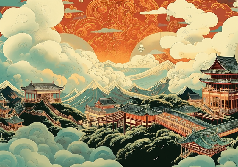 高山云雾中国潮古代建筑楼阁插画,插画/手绘图,插画/手绘图库,插画/手绘图下载,插画/手绘